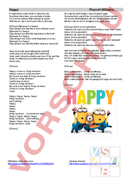 Arbeitsblatt: Happy (Pharrell Williams) - Musik - Singen / Lieder