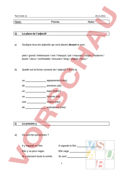 Arbeitsblatt Test Unité 11envol 8 Französisch Grammatik