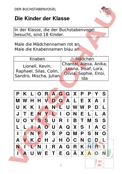 Arbeitsblatt Der Buchstabenvogel Deutsch Erstlesen