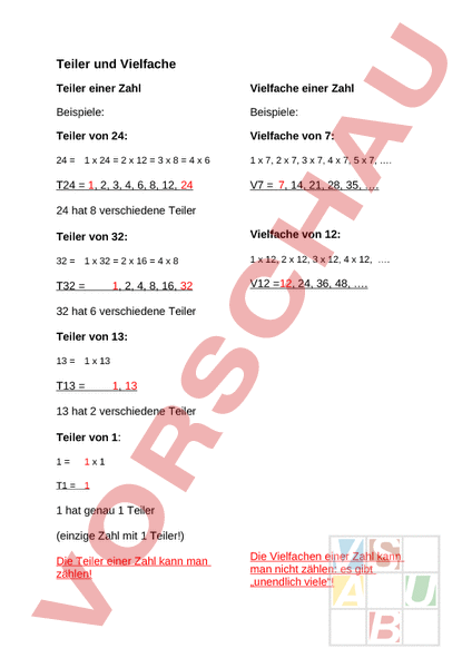 Arbeitsblatt Teiler Vielfache Ggt Kgv Mathematik Anderes Thema