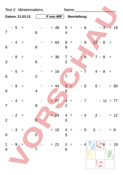 Arbeitsblatt: Test Malrechnen (1x1) - Mathematik - Multiplikation