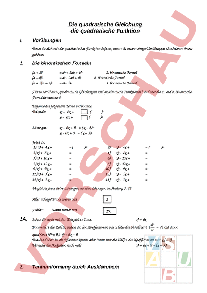 Arbeitsblatt: Quadratische Ergänzungen - Mathematik - Algebra