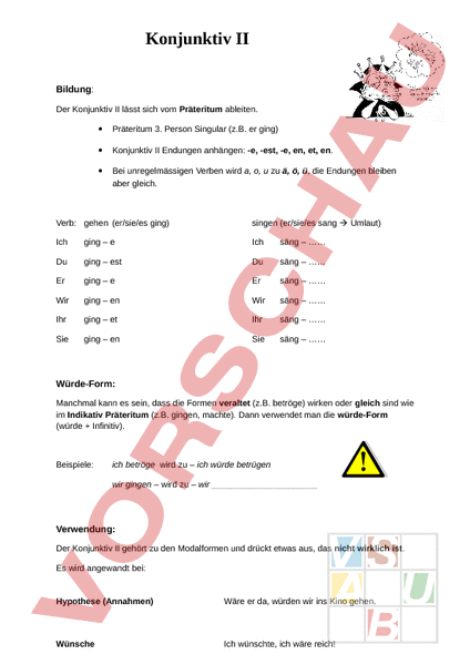 Arbeitsblatt: Theorieblatt Konjunktiv II - Deutsch - Grammatik