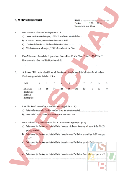 Arbeitsblatt: Test Wahrscheinlichkeitsrechnung - Mathematik - Anderes Thema