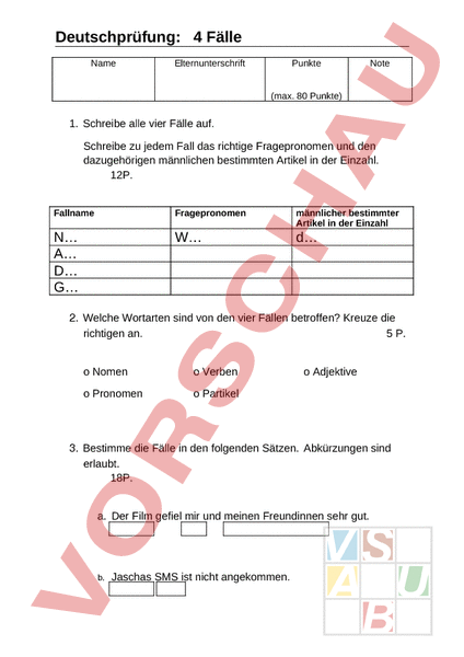 Arbeitsblatt: Test 4 Fälle - Deutsch - Grammatik