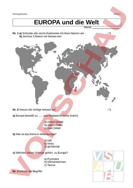 Arbeitsblatt: Europa ,TEST - Geographie - Europa
