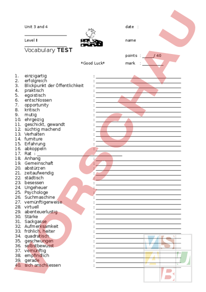 Arbeitsblatt: English Plus 3; Unit 3 and 4 Vocabulary Test - Englisch