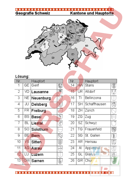Arbeitsblatt: Kantone - Geographie - Schweiz