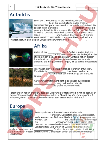 Arbeitsblatt Kontinente Luckentext Geographie Anderes Thema