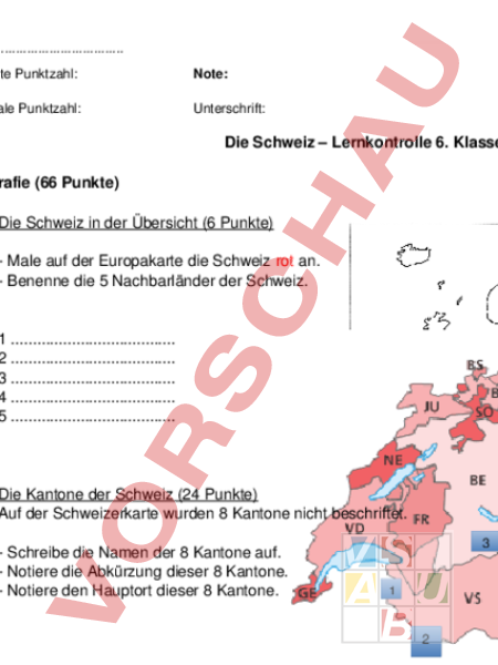 Arbeitsblatt: Lernkontrolle Schweiz 6. Klasse - Geschichte - Schweizer ...