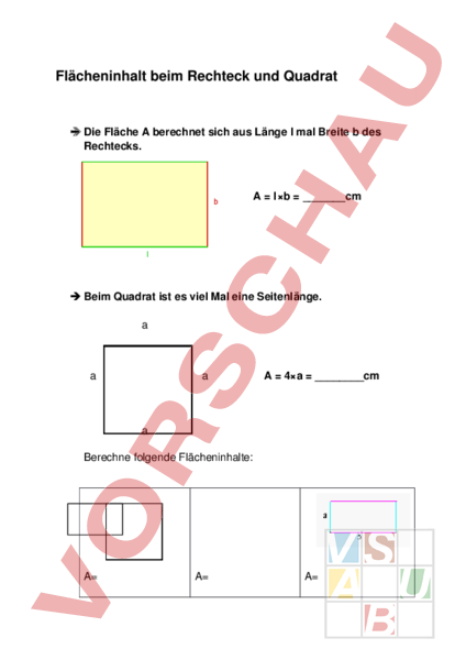 Arbeitsblatt: Flächeninhalte Beim Rechteck Und Quadrat - Geometrie ...