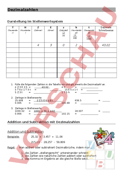 Arbeitsblatt Dezimalzahlen
 Arbeitsblatt Dezimalzahlen Mathematik Brüche Dezimalzahlen