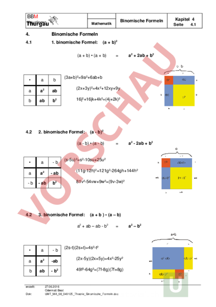 Arbeitsblatt: Theorie Binomische Formeln - Mathematik - Algebra