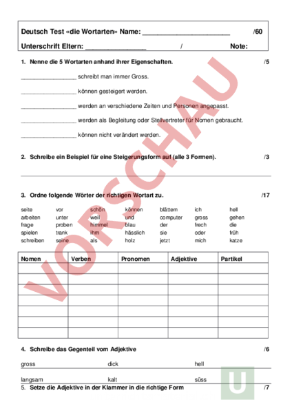 Arbeitsblatt: Wortarten Test - Deutsch - Grammatik