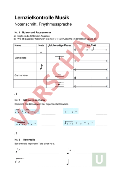 Arbeitsblatt: Musiktest - Musik - Musiktheorie / Noten