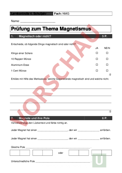 Arbeitsblatt: Prüfung Magnetismus - Physik - Elektrizität / Magnetismus