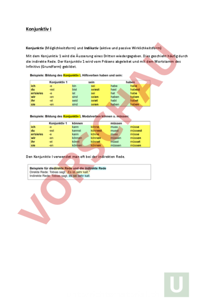 Konjunktiv Arbeitsblatt
 Arbeitsblatt Konjunktiv I und II Deutsch Grammatik