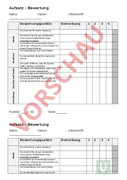 Arbeitsblatt: Formular Bewertung Aufsatz - Deutsch - Texte Schreiben