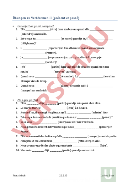 Arbeitsblatt Verbformen Vergangenheit Französisch Grammatik