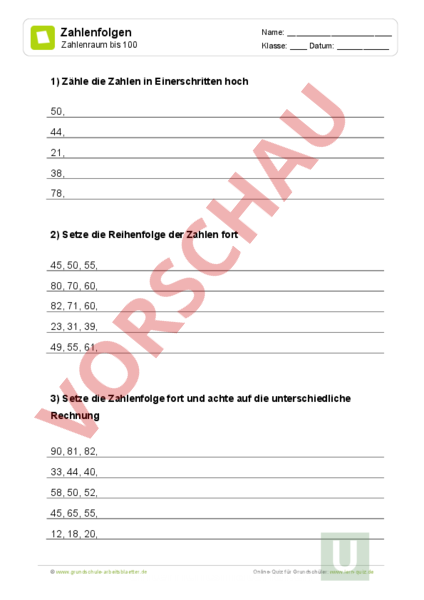 Zahlenfolgen Fortsetzen Grundschule : Zahlenreihen Bis 100 Klasse 2