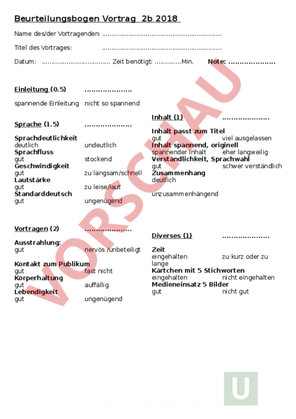 Arbeitsblatt: Beurteilungsbogen Vortrag - Deutsch - Vorlesen ...