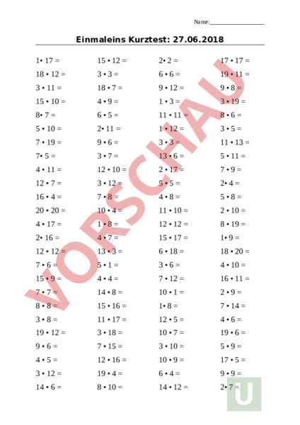 Großes Einmaleins Arbeitsblätter
 Arbeitsblatt Grosses Einmaleins Test Mathematik Multiplikation