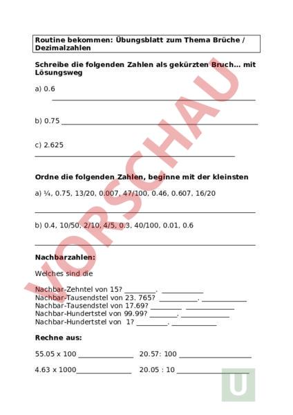 Arbeitsblatt Brüche Und Dezimalzahlen Mathematik Brüche