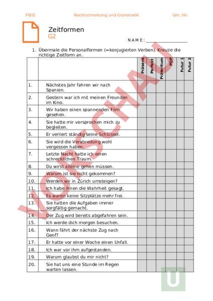 Arbeitsblatt: Verben - Zeitformen Erkennen Und Bilden - Deutsch - Grammatik